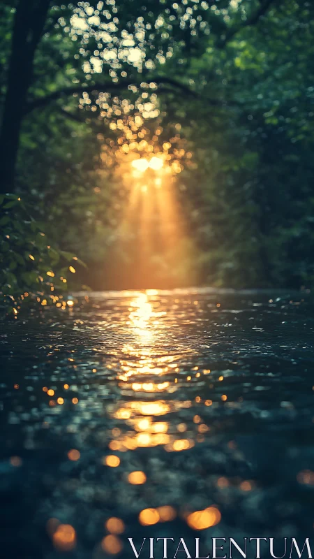 Low-angle forest stream captures golden sunset rays in bokeh