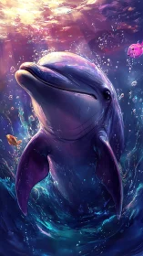 Digital painting of dolphin rising through colorful water.