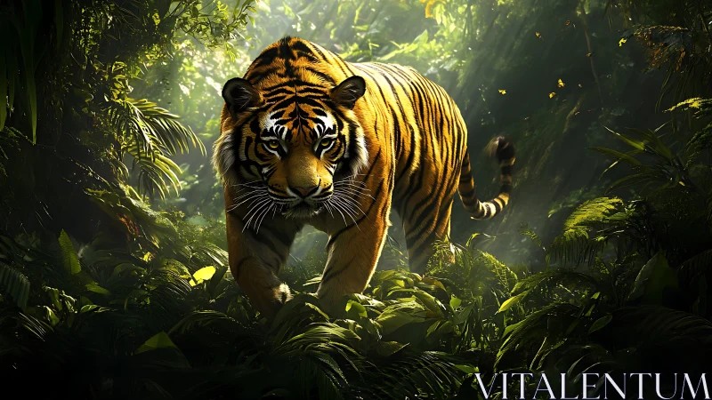 Photorealistic tiger portrait in dense tropical understory lighting.