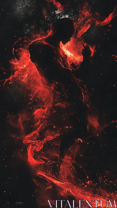 Emberborn silhouette dancing inside a cosmic inferno.