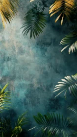 Botanical vignette with tropical foliage on textured teal ground.