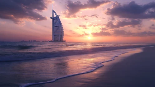 Sunlit sail-shaped tower beside tranquil violet shoreline.