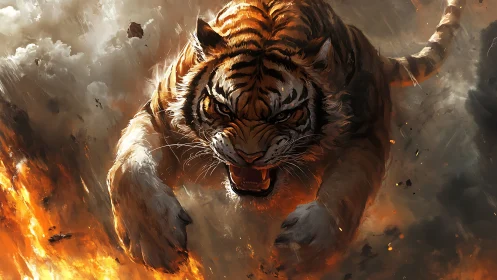 Charging tiger in smoke and fire, dynamic digital painting.