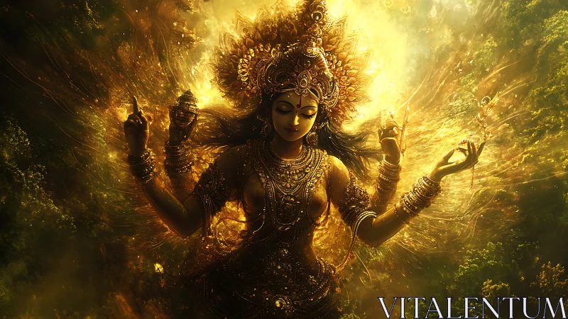 Golden divine goddess surrounded by radiant cosmic light.
