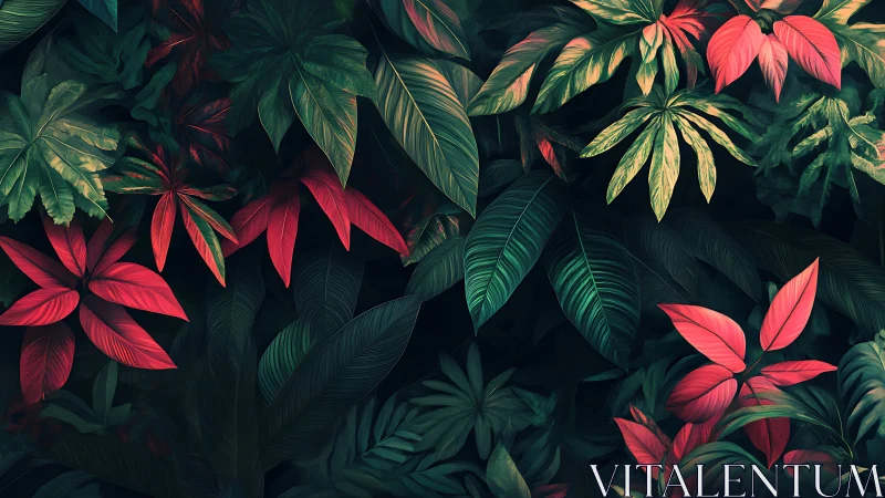 Tropical foliage layers glow with red and emerald contrast