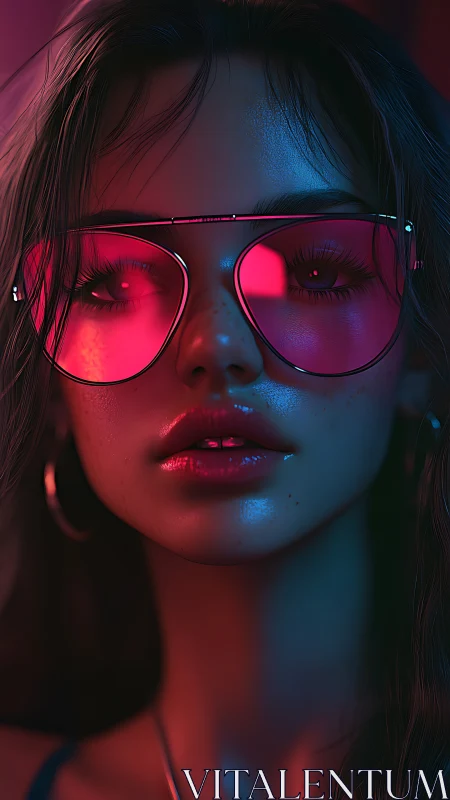 Neon lit portrait of woman in reflective pink glasses.