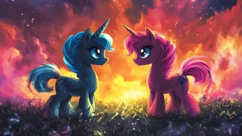 Two unicorn ponies stand facing each other in vivid light