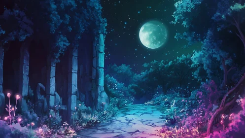 Moonlit forest path glows beside ancient stone ruins.