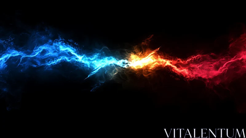 Blue and red energy streams collide in abstract digital art.