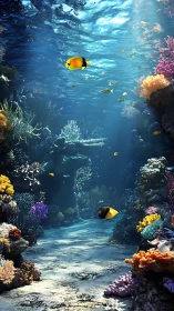 Colorful coral reef scene with tropical fish underwater.