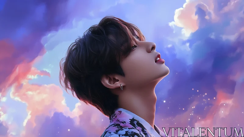 Digital portrait of dreamy youth against glowing sky clouds.