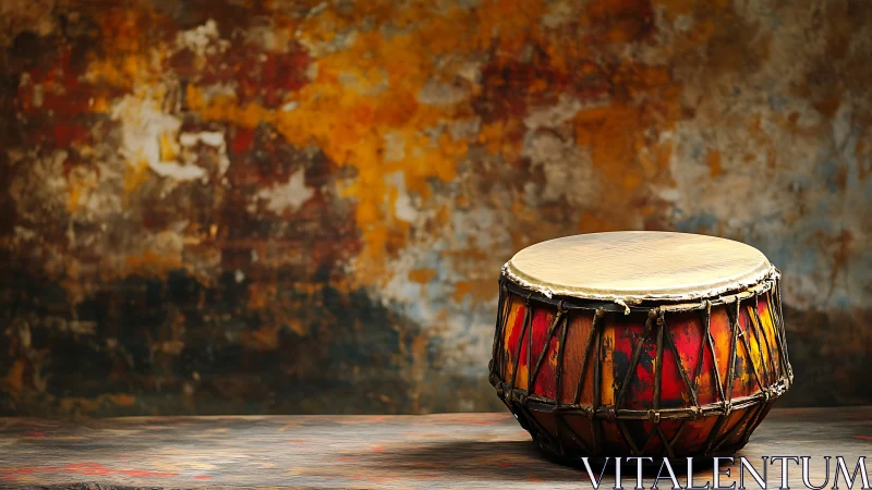Rustic hand drum on textured studio surface with bokeh backdrop.