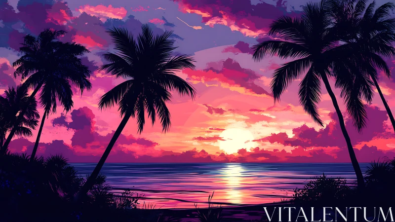 Vibrant tropical sunset with silhouetted palm trees over sea.
