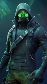 Hooded cyber operative stands in neon gas mask and gear