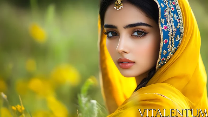 Portrait of Woman in Yellow Traditional Attire, Soft Natural Light.