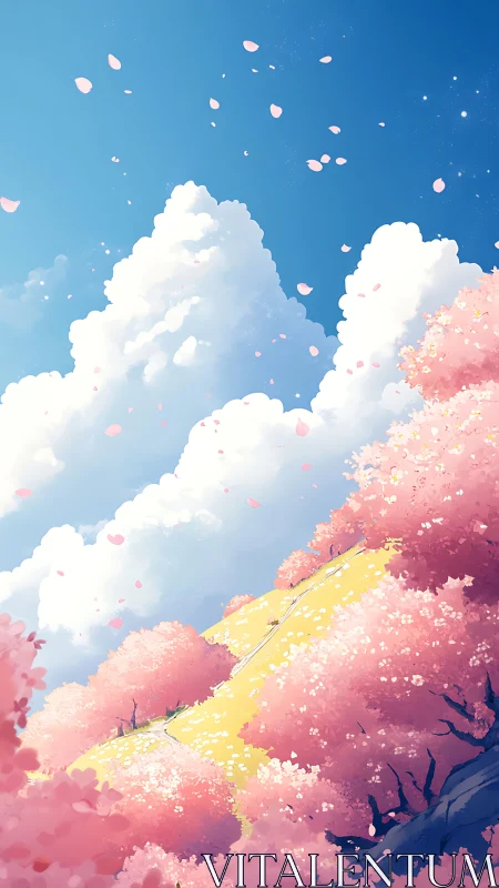 Cherry blossom hillside under towering spring clouds.