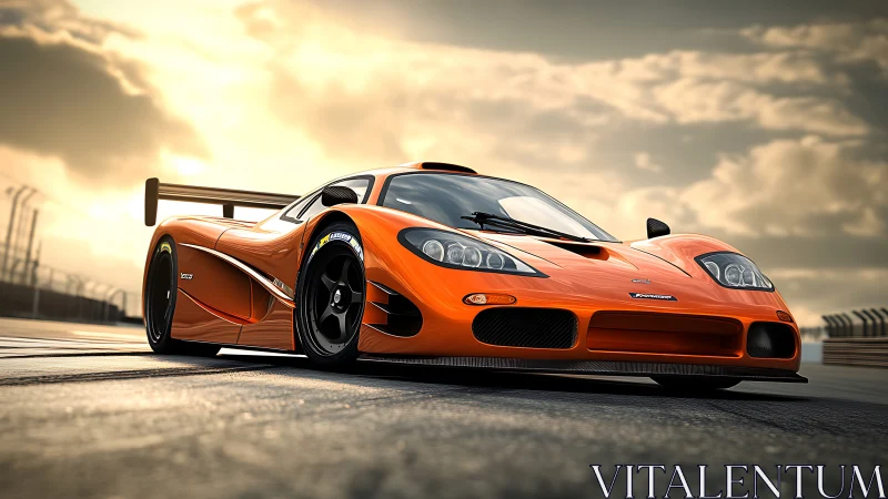 Orange racing car is parked on a track under cloudy sky
