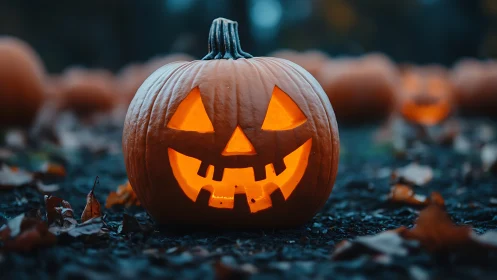 Glowing carved jack o lantern on ground at dusk outdoors.