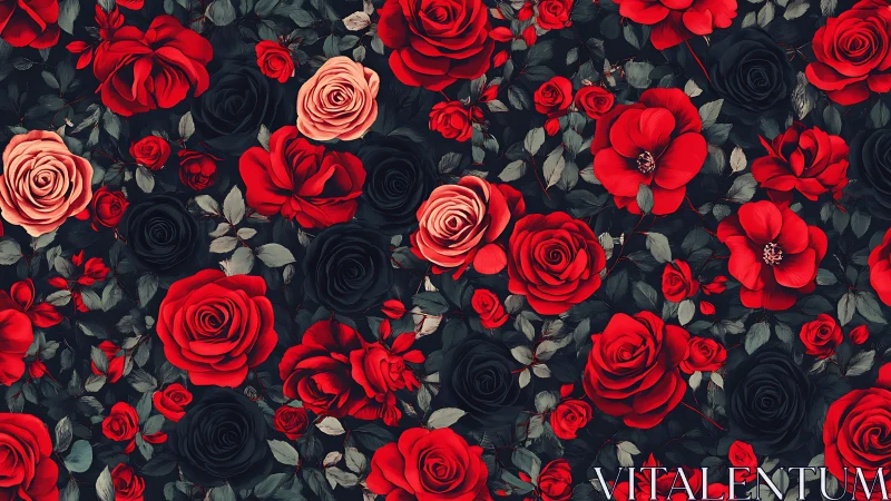 Crimson Symphony in Ebony: Where Roses Waltz with Shadow.