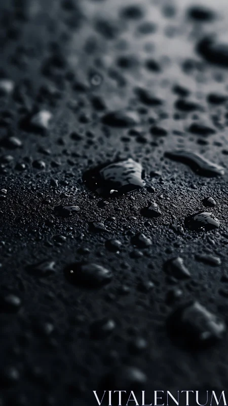 Macro water droplets on dark textured surface in bokeh focus.