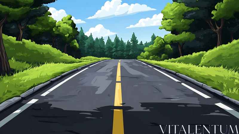Asphalt Highway with Centered Composition Through Forest Landscape.