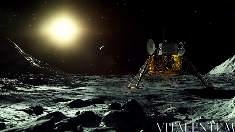 Lunar lander on cratered regolith under hard directional sunlight