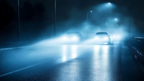 Cars on wet night road with bright headlights and fog.