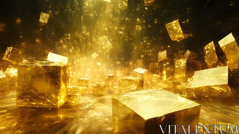 3D luminous gold cubes in dynamic volumetric abstraction.