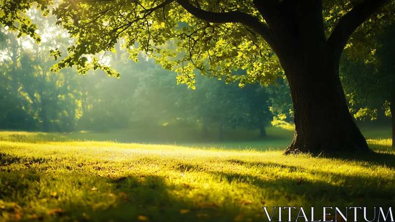 Sunlit oak tree casts long shadows across glowing meadow.