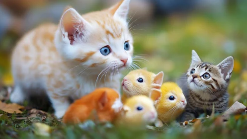 Pastoral Kitten Assembly: Interspecies Tender Moment in Rendered Naturalism.