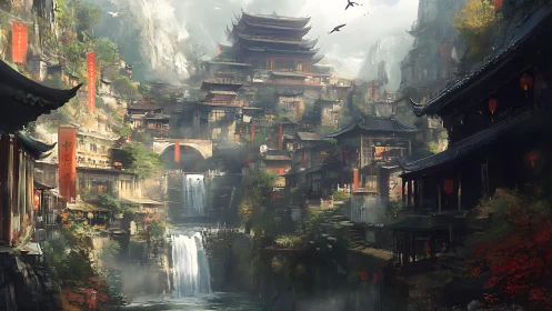 Mist-cloaked cliff city with tiered temples and silver falls.