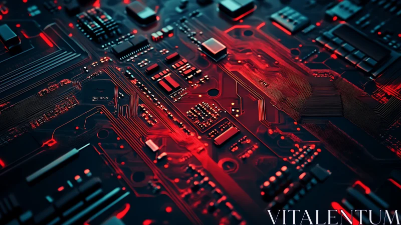 Neon red circuit board glows across dark digital surface.