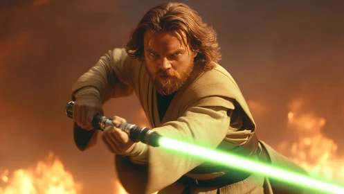 Jedi warrior holding green lightsaber in fiery battle scene.