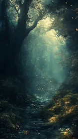 Densely forested landscape with converging tree trunks and atmospheric light