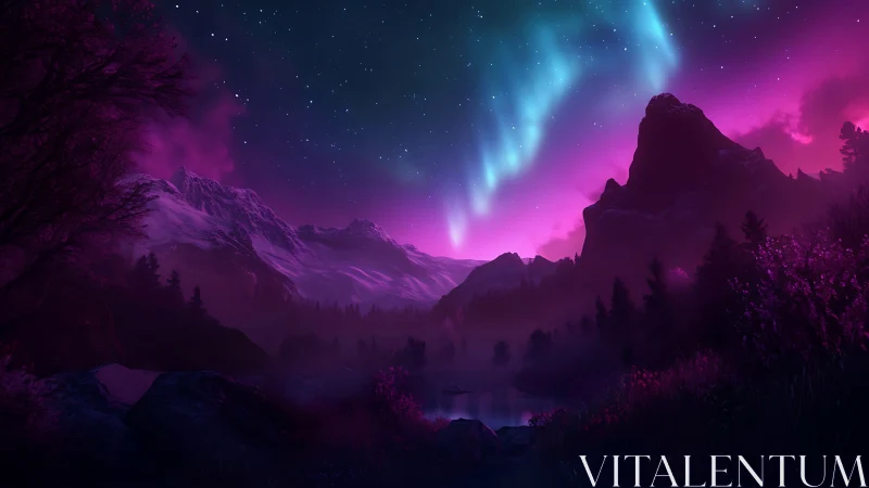 Aurora-lit magenta mountains over misty reflective valley lake.