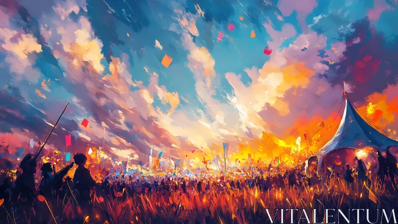 Crowd gathers at outdoor festival under vivid painted sky