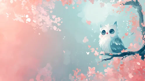 Whimsical Fluffy Owl on Blossom Tree in Pastel Watercolor Style.