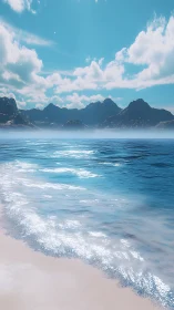 Digital seascape panorama with atmospheric coastal mountains.