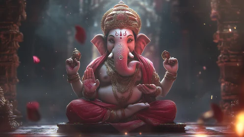 Digital painting of Ganesha in ornate temple mandala symmetry.