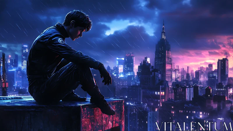 Solitary rooftop sentinel in neon-soaked nocturnal megacity.