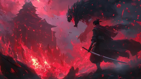 Lone samurai confronts shadow dragon amid burning crimson citadel