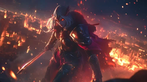Nightfire warrior watching a burning city awaken below.