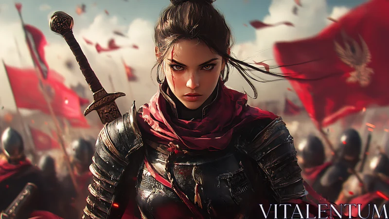 Armored warlord with crimson banners in dynamic battlefield focus.