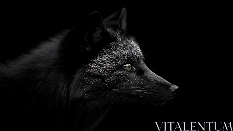Silver fox profile emerges from deep black negative space