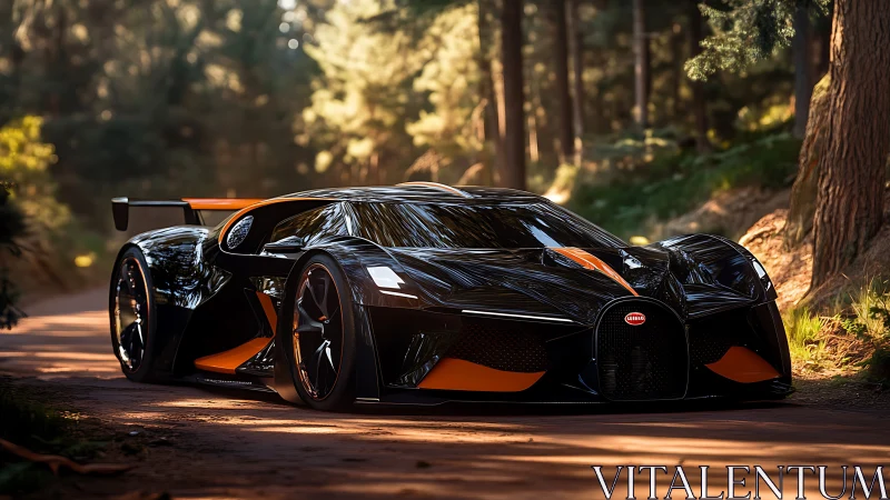 Black hypercar concept with orange accents on forest road.