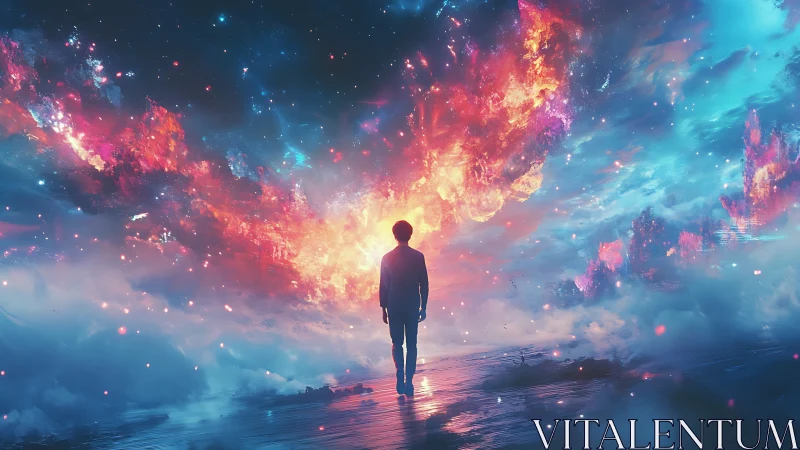 Starlit dreamer walks toward a blazing cosmic sky of wonder