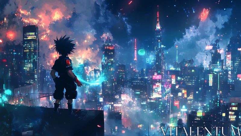 Neon city vigilante over cyberpunk skyline at night.
