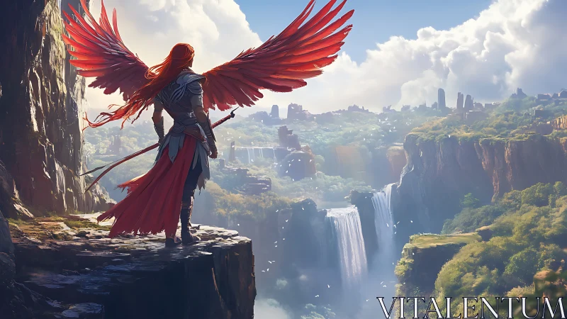 Winged warrior overlooking expansive canyon waterfalls.