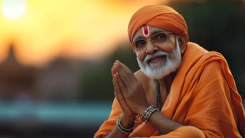 Photorealistic portrait of elderly monk in sunset profile framing.