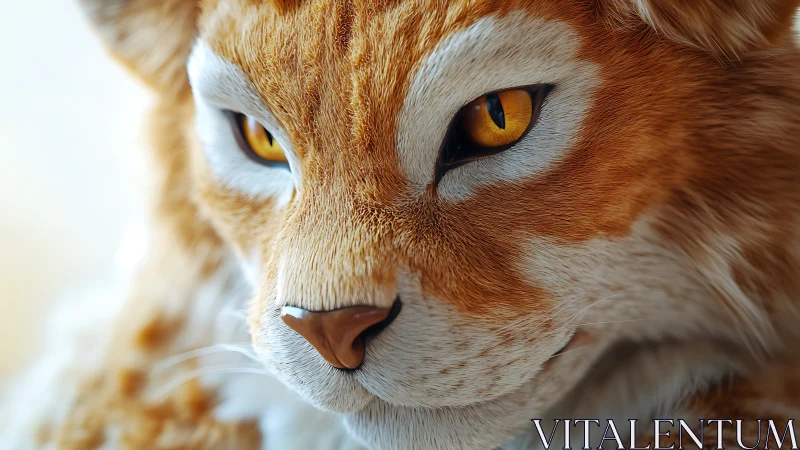 Close-up portrait of ginger and white cat with amber eyes.